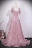 Blush Pink Glitter Tassel Sleeve Prom Dress | Luxury Evening Gown HZ0429