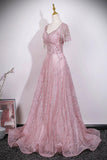 Blush Pink Glitter Tassel Sleeve Prom Dress | Luxury Evening Gown HZ0429