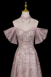 Dusty Pink Glitter Off-the-Shoulder Ball Gown Formal Evening Dress with Tulle Sleeves HZ0429