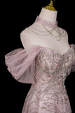 Dusty Pink Glitter Off-the-Shoulder Ball Gown Formal Evening Dress with Tulle Sleeves HZ0429