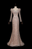 Champagne Sequin Lace Mermaid Wedding Guest Dress with Detachable Train HZ0429