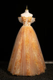 Orange Yellow Off-the-Shoulder Tulle Ball Gown with 3D Flower Embellishments HZ0429
