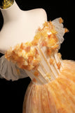 Orange Yellow Off-the-Shoulder Tulle Ball Gown with 3D Flower Embellishments HZ0429