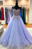 Purple Tulle Lace Long Prom Dresses, A-Line Spaghetti Straps Graduation Dresses HZ0429
