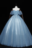 Blue Tulle Lace Long Prom Dresses, A-Line Off the Shoulder Evening Dresses HZ0429