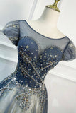 Blue Scoop Neckline Tulle Long Prom Dress, A-Line Evening Dress HZ0429