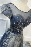 Blue Scoop Neckline Tulle Long Prom Dress, A-Line Evening Dress HZ0429