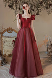 Burgundy Satin Tulle Long Prom Dress, A-Line Evening Dress HZ0429