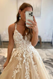 Champagne V-Neck Lace Long Prom Dresses, A-Line Formal Party Gown HZ0429