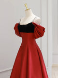 Burgundy Satin and Black Velvet Long Prom Dress, A-Line Spaghetti Strap Evening Party Dress HZ0429