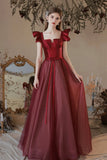 Burgundy Satin Tulle Long Prom Dress, A-Line Evening Dress HZ0429