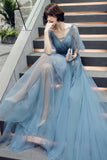 Blue V-Neck Tulle Long Prom Dreses, A-Line Evening Dresses HZ0429