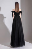 Black Tulle Off the Shoulder Prom Dress, Black A-Line Party Evening Dress HZ0429