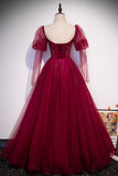 Burgundy Tulle Beading Long Prom Dresses, A-Line Formal Evening Dresses HZ0429