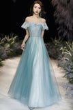 A-Line Tulle Long Prom Dress, Off the Shoulder Evening Dress HZ0429
