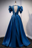 Blue V-Neck Satin Long Prom Dresses, A-Line Blue Evening Dresses HZ0429