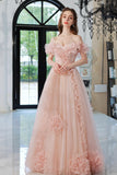 Sweet Pink Tulle Long Prom Dress, A-Line Off the Shoulder Evening Dress HZ0429