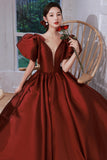 Burgundy Satin Long Prom Dresses, Lovely Puff Sleeve Evening Gown HZ0429