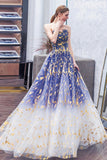Blue Gradient Tulle Evening Dress, A-Line Strapless Long Prom Dress HZ0429
