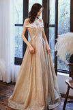 Gold Sequins Long Prom Dress, A-Line Off the Shoulder Evening Dress HZ0429