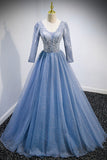 Blue V-Neck Tulle Beading Long Prom Dresses, Long Sleeve Evening Dresses HZ0429