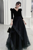 Black A-Line Long Sleeve Prom Dress, Black V-Neck Evening Dress HZ0429