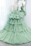 Green V-Neck Layers Tulle Long Ball Gown, A-Line Formal Gown HZ0429