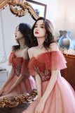 Burgundy Gradient Tulle A-Line Long Formal Dress, Off the Shoulder Prom Dress HZ0429