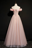 Pink Tulle Off the Shoulder Prom Dress, Beautiful A-Line Evening Dress HZ0429