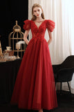 Burgundy Tulle Sequins Long Prom Dress, A-Line Evening Party Dress HZ0429