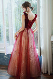 Burgundy Velvet Tulle Long Prom Dresses, V-Neck Graduation Dresses HZ0429