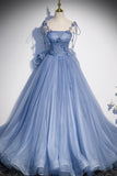 Blue Spaghetti Strap Tulle Long Dress, Blue Evening Dress with Bow HZ0429