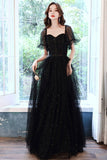 Black Tulle Long A-Line Prom Dress, Black Party Dress with Sequins HZ0429