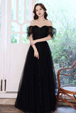 Black Tulle Long A-Line Prom Dress, Black Party Dress with Sequins HZ0429
