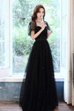 Black Tulle Long A-Line Prom Dress, Black Party Dress with Sequins HZ0429