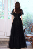 Black Tulle Long A-Line Prom Dress, Black Party Dress with Sequins HZ0429