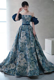 Blue Floral Long A-Line Prom Dress, Blue Evening Party Dress HZ0429