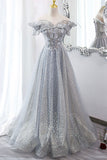 Gray Tulle Lace Long Prom Dresses, A-Line Sequins Evening Dresses HZ0429