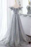 Gray Tulle Lace Long Prom Dresses, A-Line Sequins Evening Dresses HZ0429