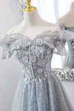 Gray Tulle Lace Long Prom Dresses, A-Line Sequins Evening Dresses HZ0429