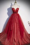 Burgundy Sweetheart Neckline Tulle Long Prom Dress, A-Line Evening Dress HZ0429