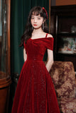 Burgundy Velvet Off the Shoulder Prom Dress, A-Line Party Dress HZ0429