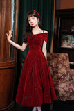 Burgundy Velvet Off the Shoulder Prom Dress, A-Line Party Dress HZ0429