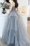 Gray Tulle Long A-Line Prom Dresses, Gray Strapless Evening Dresses HZ0429
