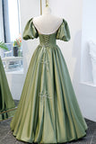 Green Satin A-Line Long Formal Dress, Green Junior Prom Dress HZ0429