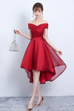 Red V-Neck Tulle High Low Prom Dress, Off the Shoulder Party Dress HZ0429