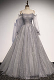 Gray Tulle Sequins Long Prom Dress, Long Sleeve Evening Dress HZ0429