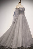 Gray Tulle Sequins Long Prom Dress, Long Sleeve Evening Dress HZ0429