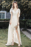 White V-Neck Lace High Low Prom Dress, White Evening Dress HZ0429