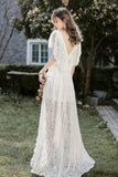 White V-Neck Lace High Low Prom Dress, White Evening Dress HZ0429